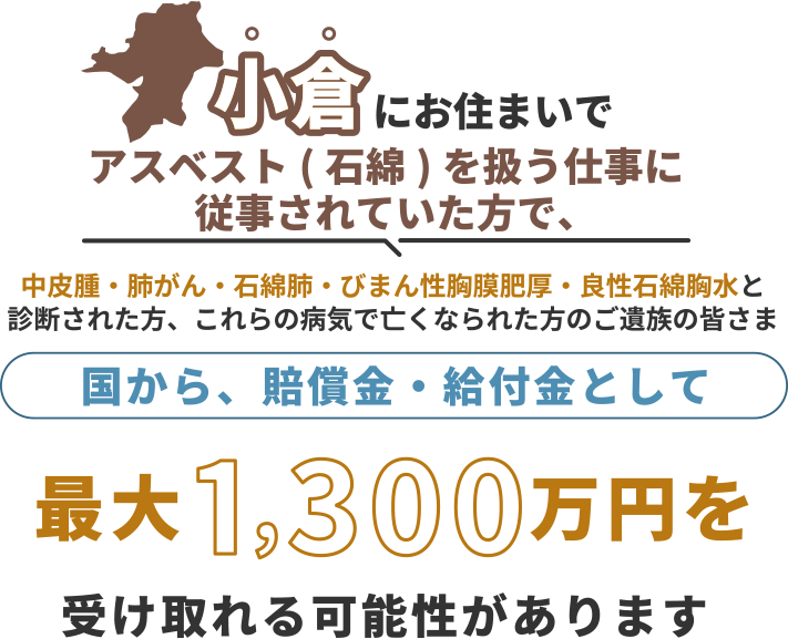 小倉にお住まいで、アスベスト(石綿)を扱う仕事に従事されていた方で中皮腫・肺がん・石綿肺・びまん性胸膜肥厚・良性石綿胸水と診断された方、これらの病気で亡くなられた方のご遺族の皆さま 国から、賠償金・給付金として 最大1,300万円を 受け取れる可能性があります